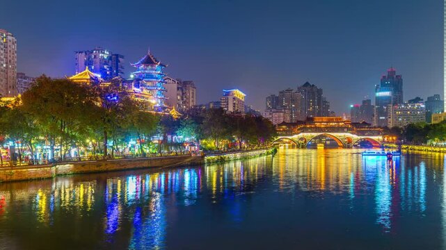 Time lapse of Anshun bridge at night in chengdu, China.