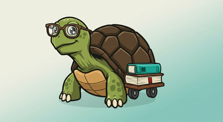 Fototapeta premium Cartoon turtle with glasses pulls a cart with two books against a light blue background