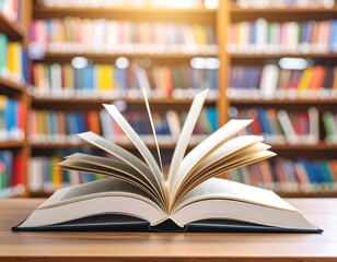 Obraz premium An open book with fluttering pages is displayed on a table with bookshelves in the background.