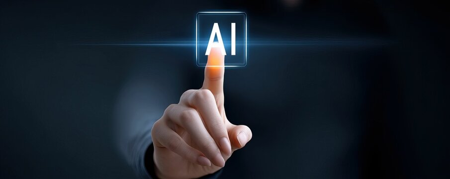 Finger presses 'AI' button on blue glowing interface, dark clothing background - Powered by Adobe