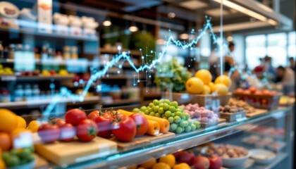 Vibrant Produce Display with Upward Trending Graph Overlay in Modern Grocery Store