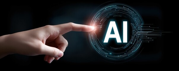 Finger touches 'AI' on glowing, futuristic circle against a dark background
