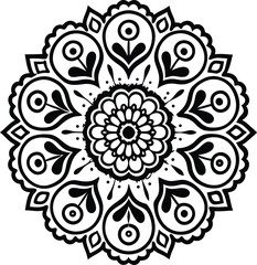 Intricate black and white mandala design with heart shapes, ornamental symmetrical pattern art

