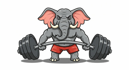 Muscular gray elephant lifting weights with red shorts angry expression