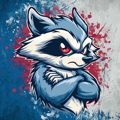 Cartoon raccoon with crossed arms against a splattered, colorful backdrop