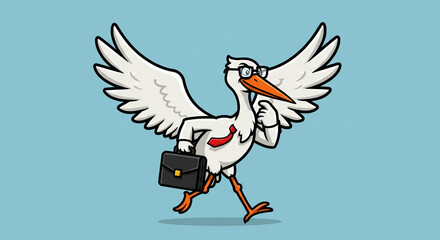 Stork cartoon character with briefcase wearing glasses and a red tie on a light blue background