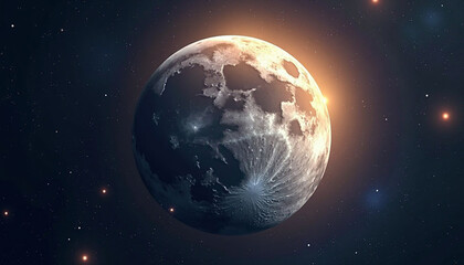Obraz premium Stunning lunar orb illuminated in a cosmic vista with celestial glow and scattered stars