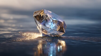 Sparkling Diamond on Water's Edge Reflecting Light with Intricate Facets and Golden Highlights