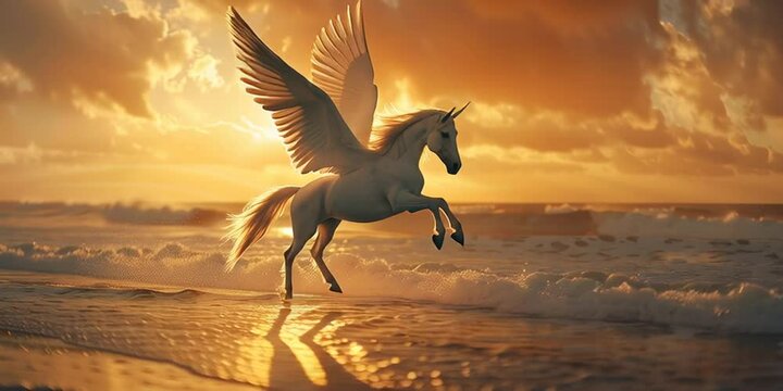Majestic Winged Unicorn at Sunset Beach