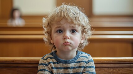 A young Caucasian boy with curly blond hair sits in a wooden pew, looking concerned. A girl is visible in the background, creating a classroom-like atmosphere.