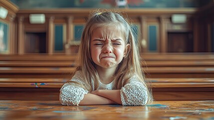 A young Caucasian girl with long brown hair sits at a wooden table, frowning and looking upset. The background features a classic interior with wooden elements.