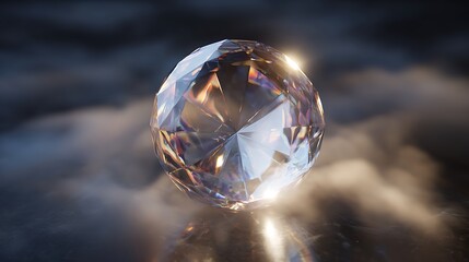 Sparkling Round Cut Diamond Gemstone on Surface Reflecting Light With Dark Cloudy Background