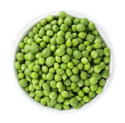 Fresh green peas in bowl isolated on white, top view