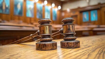 Two wooden gavels resting on a polished wooden table in a courtroom. The background features framed portraits and wooden paneling, creating a formal legal atmosphere.