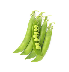 Fresh green pea pods isolated on white, top view