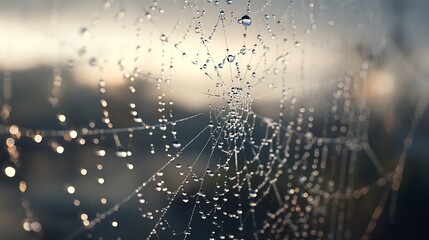 Spiderweb Covered in Dewdrops at Dawn, Nature's Delicate Beauty on Display Macro Shot