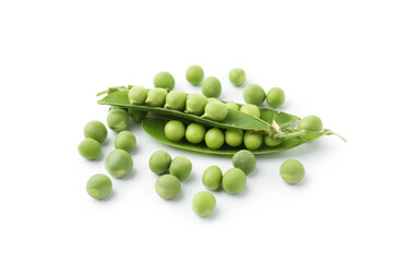 Fresh green peas in pods isolated on white