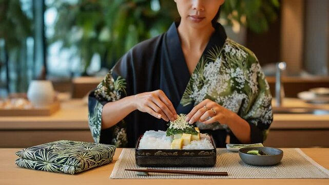 "Experience the art of traditional bento box lunch preparation in this captivating."