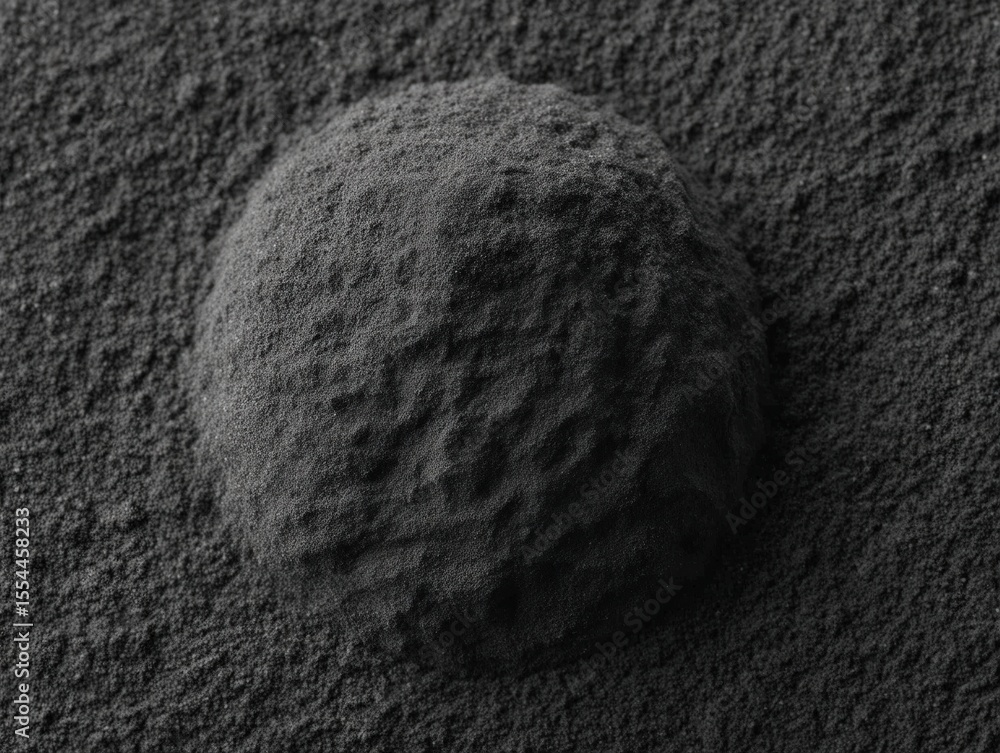 Poster exploring the intricacies of dark powdery substance exhibiting unique texture characteristics and it