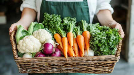 Fototapeta premium Female farmer holding in hands wooden box with fresh organic locally grown vegetables