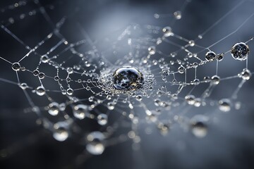 Spiderweb Laden with Dew CloseUp Macro Shot Featuring Numerous Water Droplets Reflecting Light and Subtle Color Variations