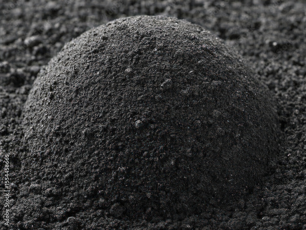 Poster textured black powder mound showcasing a rich mineral composition radiating depth and complexity pre
