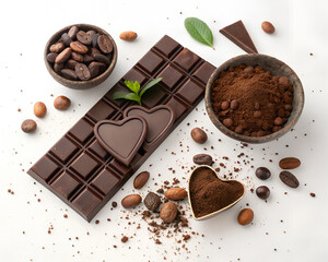 Dark chocolate bar with hearts, cocoa beans and powder, composition on white background.
