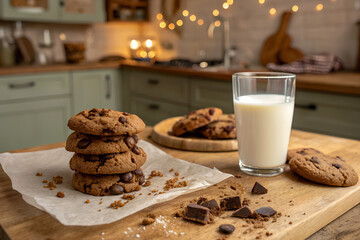 Chocolate chip cookies stacked on parchment with crumbs and glass of milk, cozy kitchen scene.
