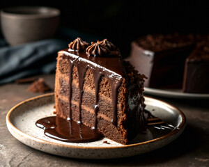 A slice of chocolate cake, with rich chocolate ganache dripping on a plate, dark background.