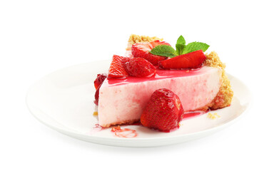 Piece of tasty cheesecake with strawberries, sauce and mint isolated on white