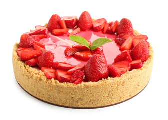 Delicious cheesecake with strawberries and mint isolated on white