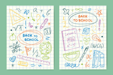 A set of Back to School templates with hand-drawn scribbles on a checkered notebook page. Vector banners, postcard, advertisements for the start of the school year, and school posters with text design