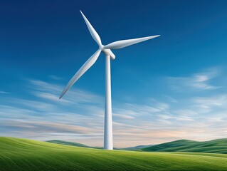 Obraz premium Majestic wind turbine soaring against a backdrop of clear blue sky overlooking undulating green hills showcasing the harmony of renewable energy and nature's landscape creating an inspiring