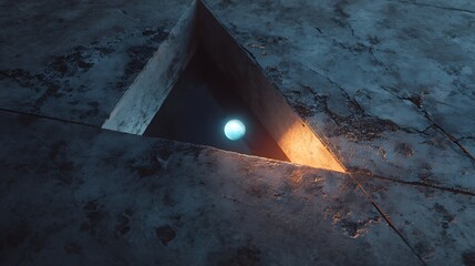 Triangular Concrete Structure Framing a Glowing Orb of Light in the Darkness