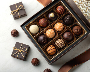 Assorted luxury truffles and pralines in gift box, soft shadows, high detail.