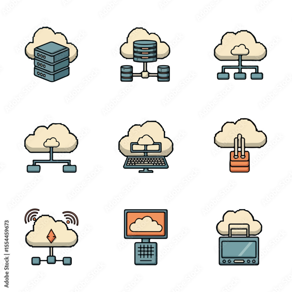 Aufkleber cloud computing icons set in colorful flat design