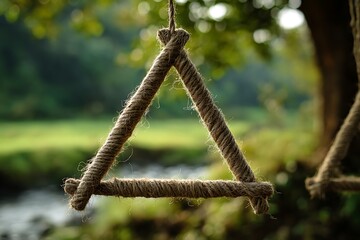 Triangular Rope Swing Over Serene River, Green Forest Background, Nature Photography