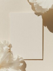 Top-down view of blank invitation card on textured surface with white flowers photography for social media faceless digital content marketing