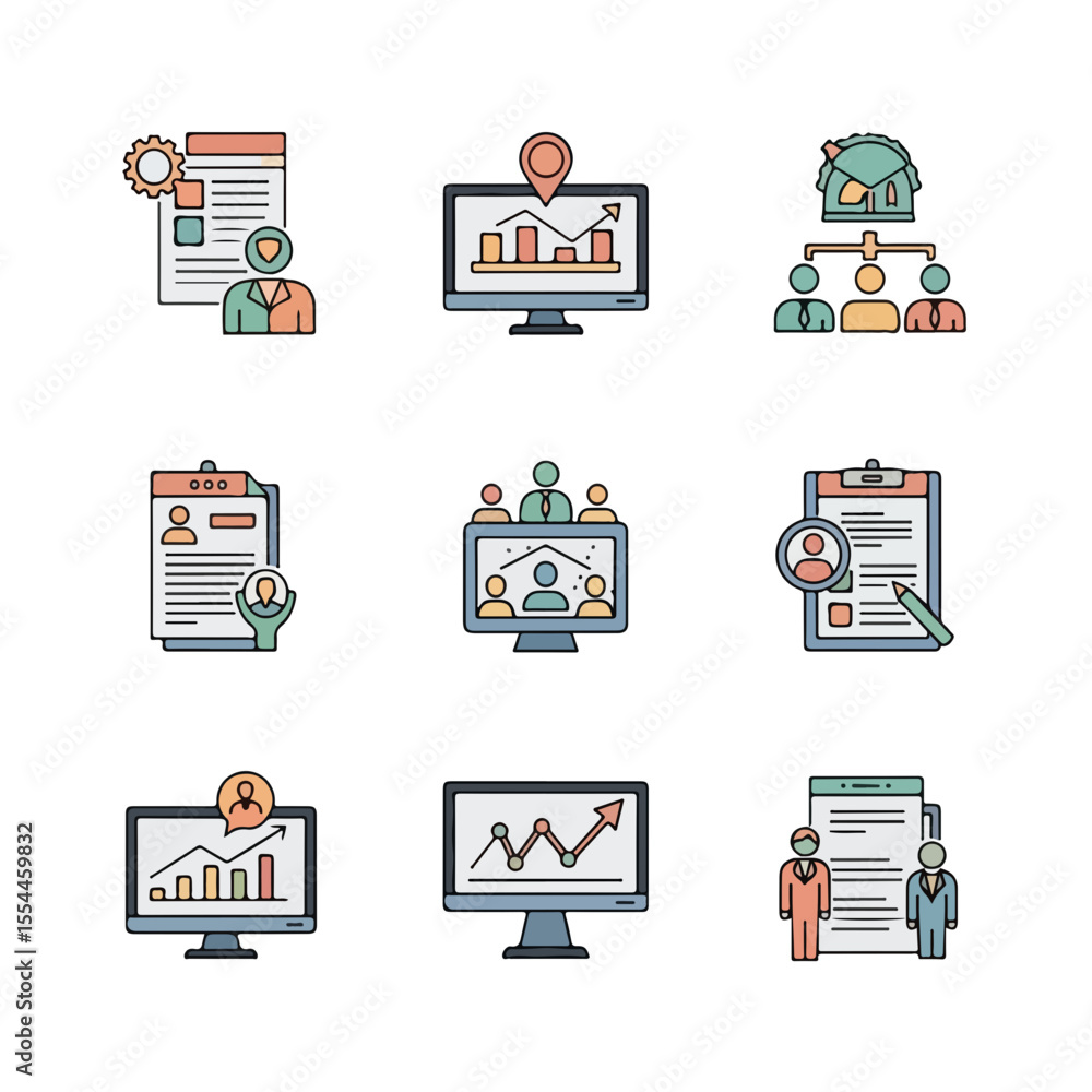 Poster business icons set in flat style for data analysis and reports