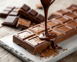 Molten chocolate poured onto a milk chocolate bar on a rustic, wooden table.