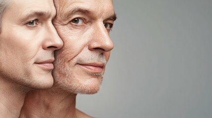 Dual face of young and elderly man, a powerful metaphor for aging, legacy, and human transformation.