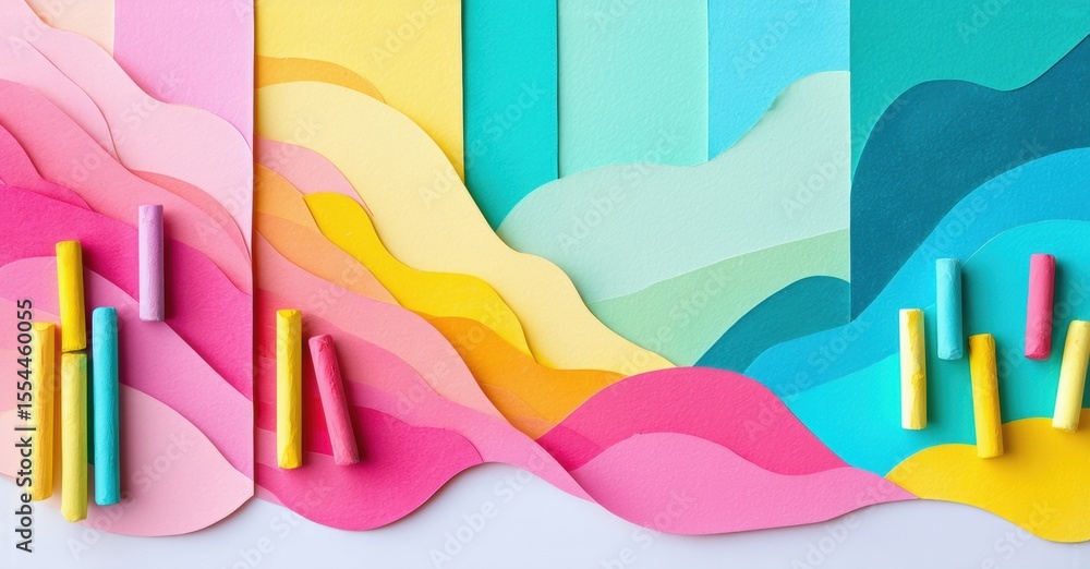 Poster Colorful paper layers create abstract landscape. Pastels scattered across vibrant waves, playful composition.