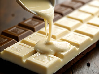 Molten white chocolate poured onto a creamy white chocolate bar on a wooden surface.