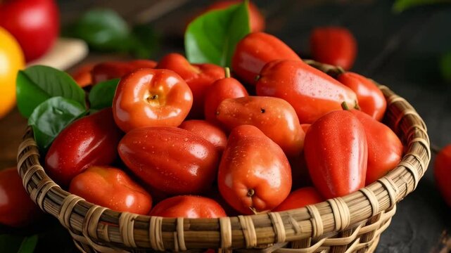 Basket filled with fresh, vibrant red wax apples, sitting on a rustic wooden surface, adorned with lush green leaves.