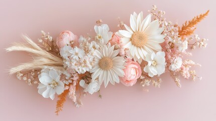 Elegant Arrangement of Dried Flowers on Pink Background Soft Peach and Cream Tones isolated on pink background