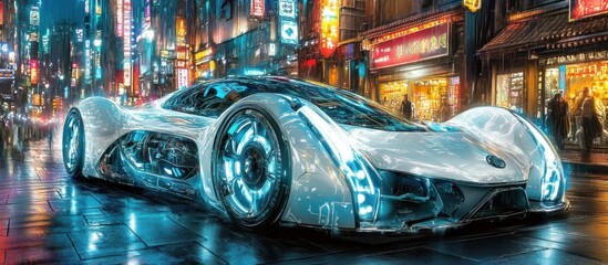 Futuristic car in neon-lit Asian city street