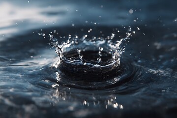 Water Droplet Collision Crown Splash Effect and Ripples on Dark Liquid Surface, Capturing Dynamic Moment