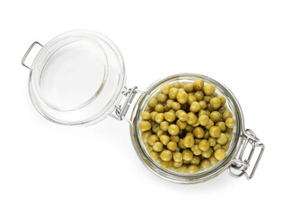 Pickled peas in jar isolated on white, top view