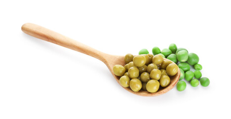 Pickled and fresh peas in spoon isolated on white