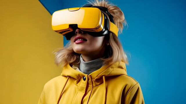 young woman in vr headset interacting with virtual environment, immersion in digital entertainment industry advertising technology - Powered by Adobe
